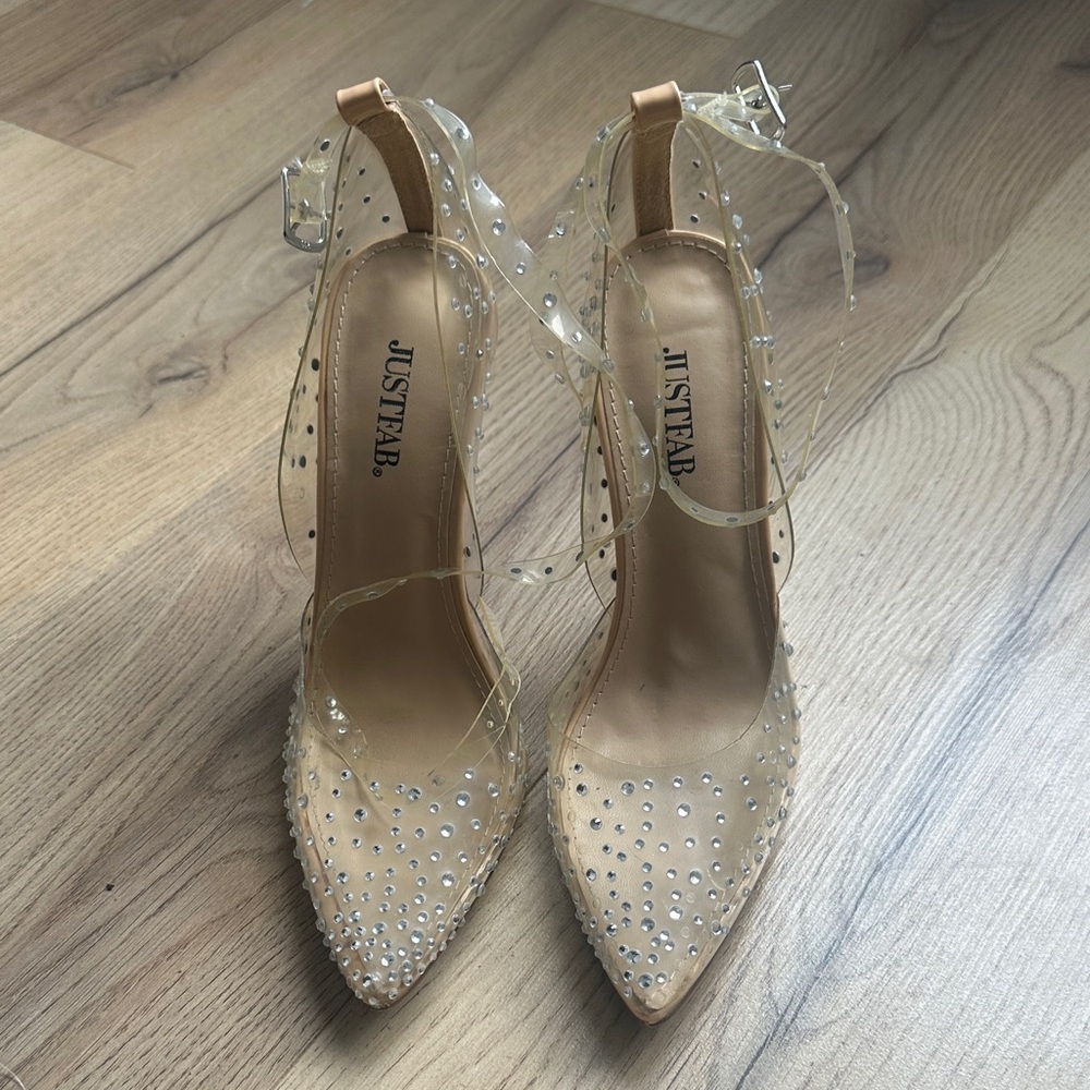 JustFab Women's Rhinestone Clear and Beige Heels